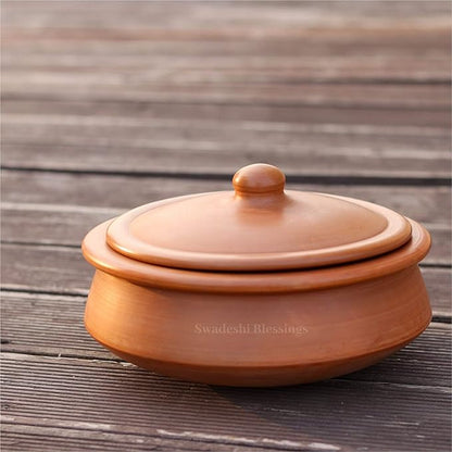 Swadeshi Blessings HandMade Exclusive Range Unglazed Clay Handi/Earthen Kadai/Clay Pot For Cooking & Serving with Lid, 2.8Liters (With Natural White Firing Shade & Mirror Shine) (Red)