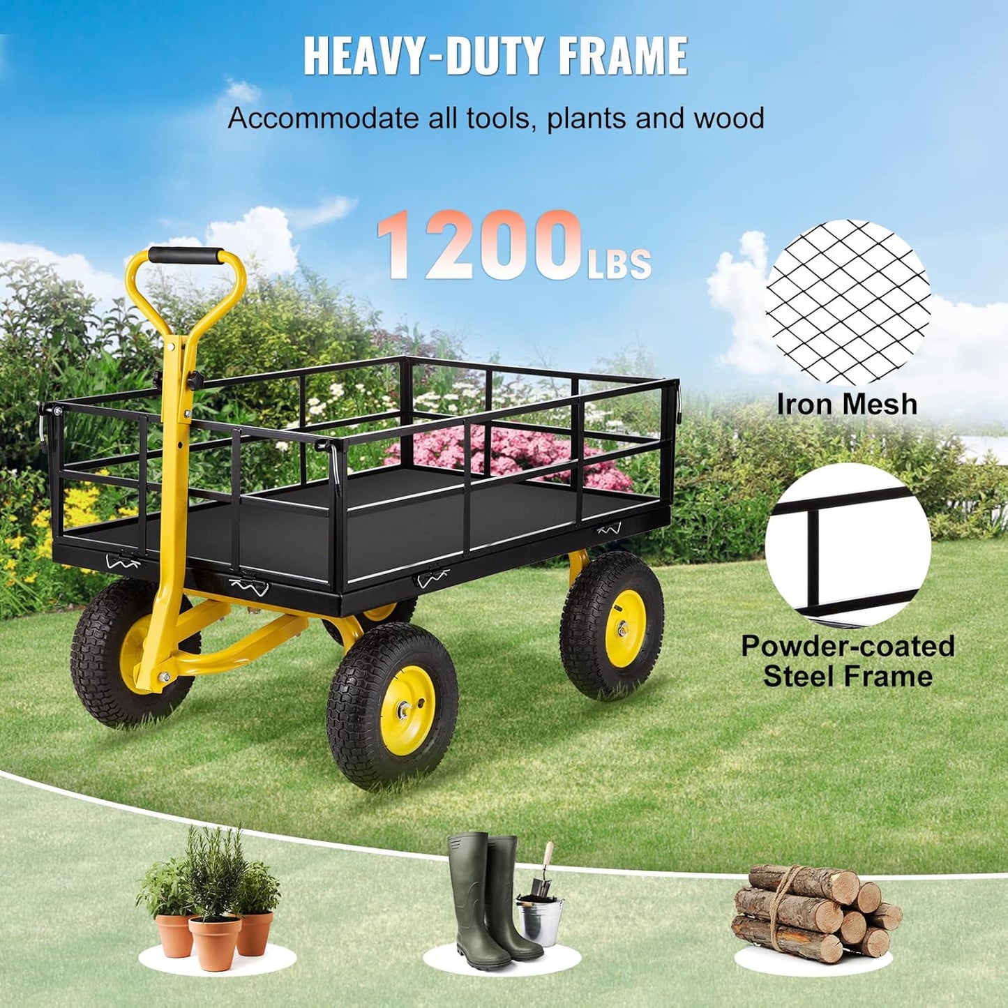 VEVOR Steel Garden Cart, Heavy Duty 1200 lbs Capacity, with Removable Mesh Sides to Convert into Flatbed, Utility Metal Wagon with 2-in-1 Handle and 13 in Tires, Perfect for Garden, Farm, Yard