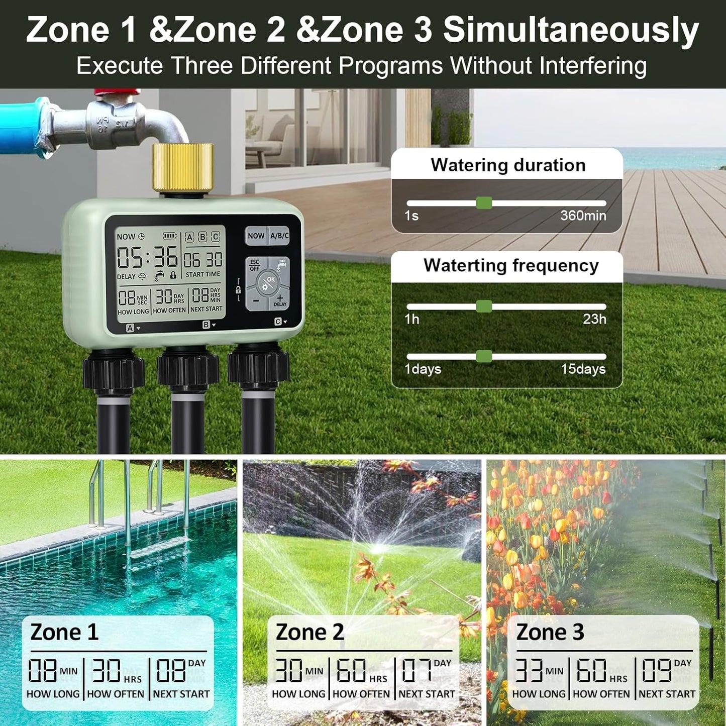 Watering Timer 3 Zone with Brass Inlet, Sprinkler Timer, Programmable Garden Outdoor Hose Faucet Timers with Rain Delay, Auto & Manual Watering System,Water Hose Irrigation Timers 3 Outlet for Garden