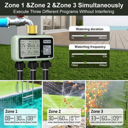 Watering Timer 3 Zone with Brass Inlet, Sprinkler Timer, Programmable Garden Outdoor Hose Faucet Timers with Rain Delay, Auto & Manual Watering System,Water Hose Irrigation Timers 3 Outlet for Garden