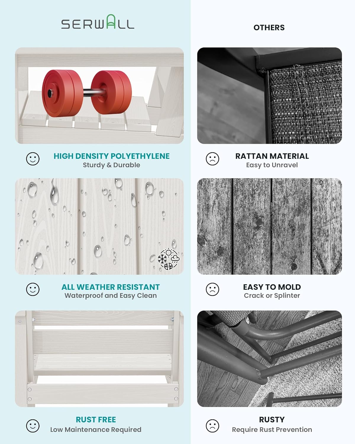 SERWALL HDPE Outdoor Dining Table for 6, 67" Rectangle Patio Dining Table with Umbrella Hole, White