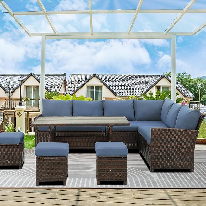 Wisteria Lane Outdoor Patio Furniture Set, 7 Piece Outdoor Dining Sectional Sofa with Dining Table and Chair, All Weather Wicker Conversation Set with Ottoman,Blue