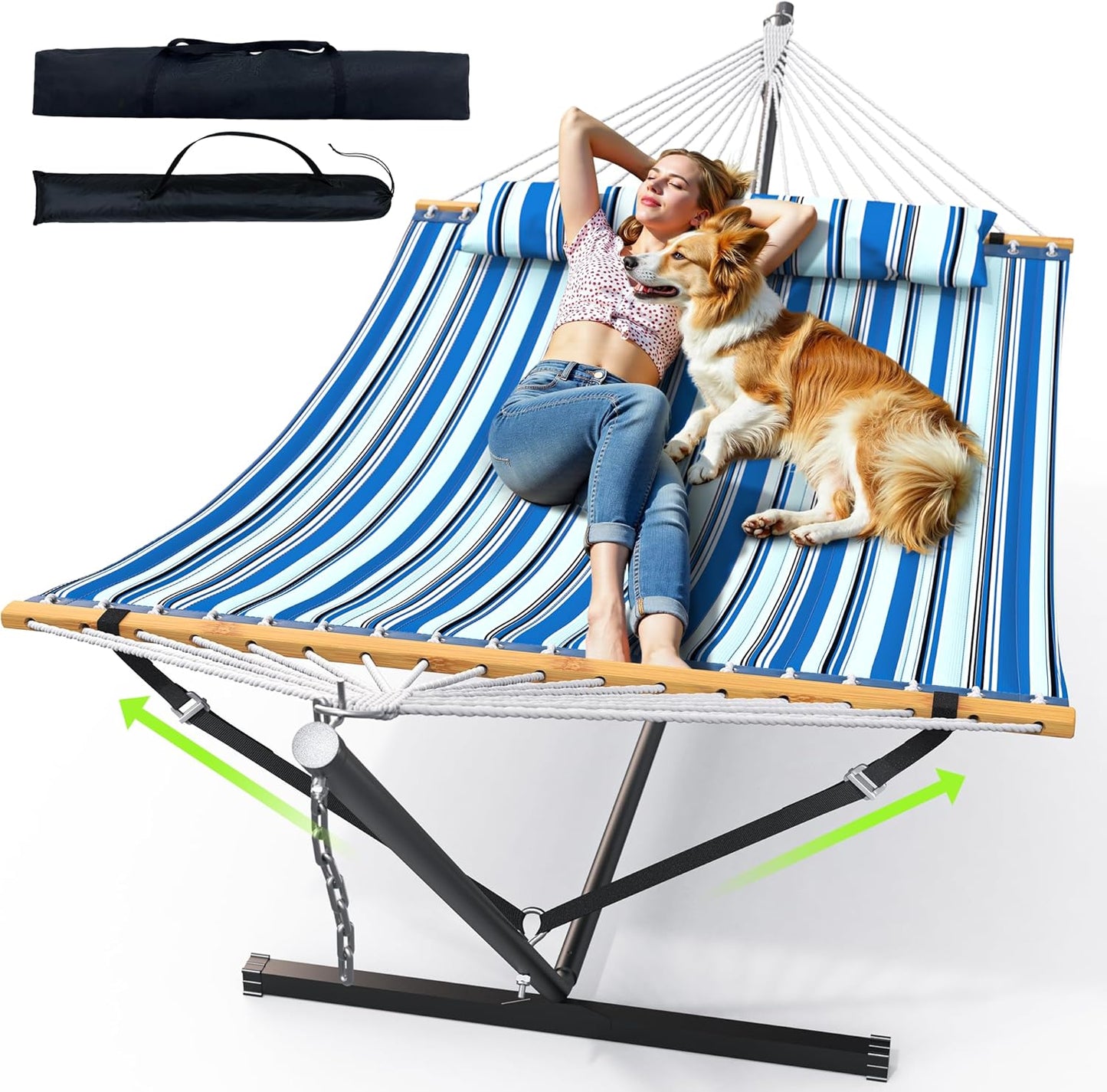 Double Hammock with Stand for Outdoor, Heavy Duty Portable Hammock with Adjustable Steel Stand for Patio, Garden, Beach, Backyard - Includes Carrying Bag,Blue