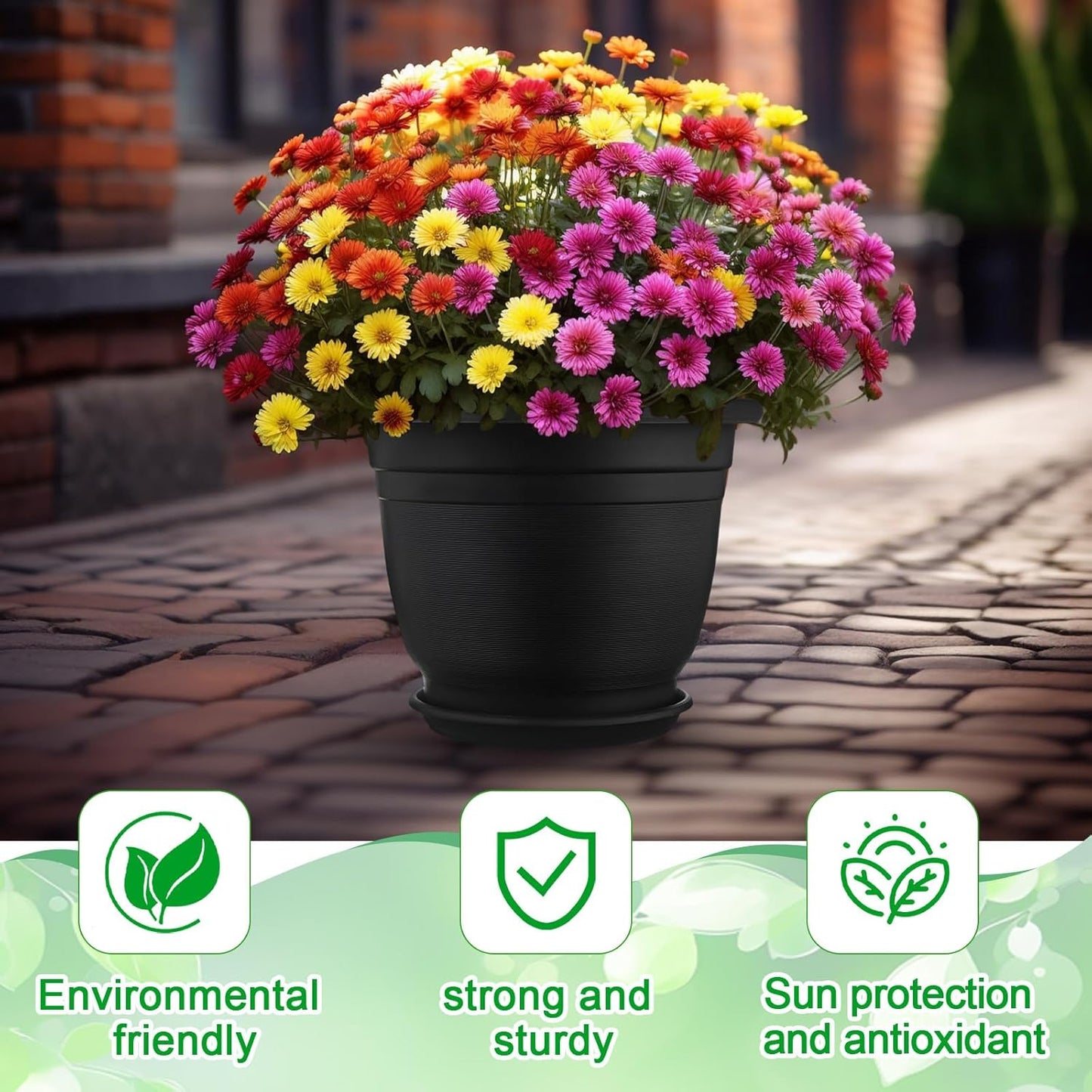 12 Pack 10'' Plastic Plant Pots Round Planter Pots with Saucer Tray Seedling Pot Hole Seed Resin Plant Pot Starting Nursery Flower Container with Pallet for Garden Outdoor Indoor(Black)