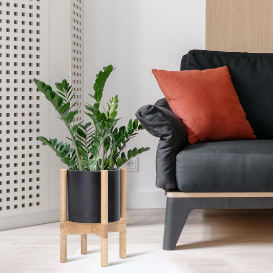 D'vine Dev Planter Pot with Stand - 8 Inch Plastic Cylinder Flower Pot with Wood Planter Holder for Indoor, Matte Black Pot + Natural Stand, 55-C-J-2