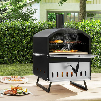 Happygrill Pizza Oven Outdoor, 16” 2-Layer Wood Fired Pizza Maker with Stone, Peel & Grill Racks, Portable Burning Stove with Folding Legs and Cover for Camping Patio Backyard BBQ