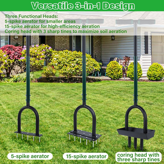 YOFIT 3-in-1 Lawn Aerator Tool with Spikes, Manual Core Yard Aerator, Grass Plug Air Aerators with Soil Tray, Metal Aeration Tools with Changeable Head for Lawn Care, Garden Maintenance (38.2 Inch)