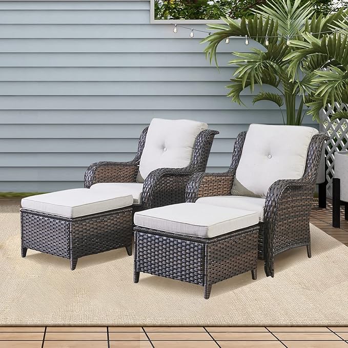 Rilyson Wicker Patio Furniture Set - 4 Piece Rattan Outdoor Sectional Conversation Sets with 2 Chairs and 2 Ottomans for Porch Deck Garden(Brown/Beige)