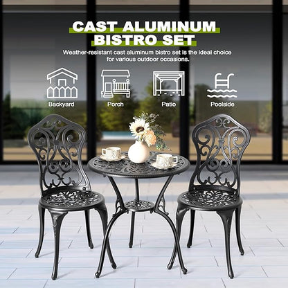 NUU GARDEN 3-Piece Outdoor Bistro Set with 2 Chairs and Round Table with Umbrella Hole, All-Weather Patio Set for Garden, Porch, Lawn, Poolside, Black
