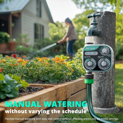 QUOBAS 3-Dial Analog Water Timer, Mechnical Control Automatic Sprinkler Timer with Manual and Rain Delay, for Garden Hose Watering, Drip Irrigation, Self-Watering System, Easy to Set Up