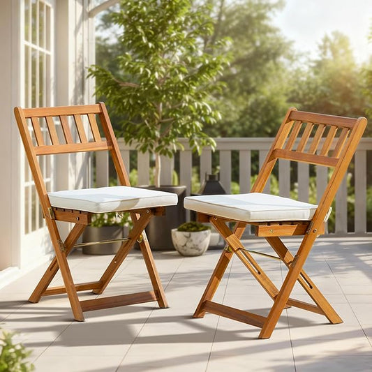 IDZO Serene Bistro Set – 2-Piece Foldable Acacia Wood Chairs with Cushions, FSC-Certified Durable Construction, Space-Saving Outdoor Seating for Balcony, Garden, Patio, or Porch