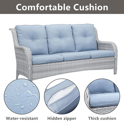 Rilyson Outdoor Patio Wicker Furniture Set - 5 Piece Rattan Patio Conversation Sectional Sofa Set with 1 Couch,2 Armchairs,2 Ottomans for Porch Deck Garden(Light Grey/Sky Blue)