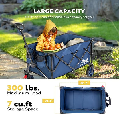 VIVOHOME 200L Collapsible Wagon 300lbs Heavy Duty Folding Utility Garden Cart Foldable Beach Wagons Large Capacity for Camping Picnic - Blue