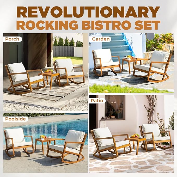 IDZO Rocking Chairs Design Heavy Duty 400lbs Capacity Wood Patio Bistro Set 3 Piece Outdoor