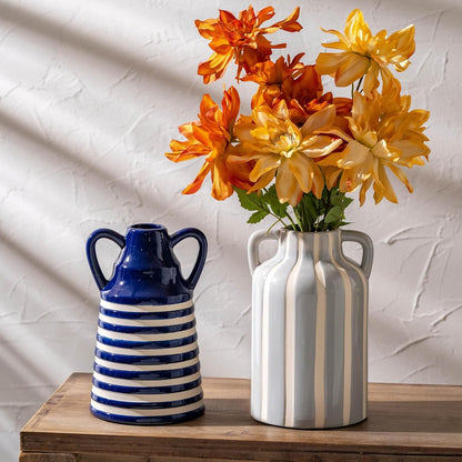 Ceramic Blue and White Checkered Stripes Vase with Handles, Modern Bohemian Floral Navy Blue Vases for Centerpieces, Cottage Core Home Decor, Flower Vases for Bouquet Tabletop Kitchen Bookshelf 8.9 In