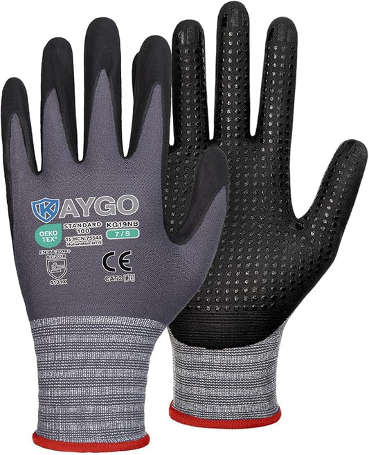 KAYGO MicroFoam Nitrile Coated Work Gloves, 3 Pairs KG19N Seamless Knit Nylon, Micro Dots for Enhanced Grip, Breathable and Durable, Ideal for Automotive, General Assembly, Painting, Gray, S
