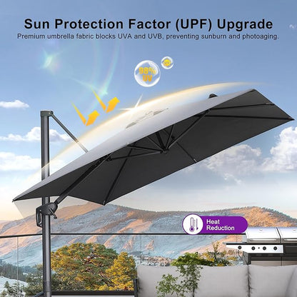 PURPLE LEAF 8 FT Cantilever Patio Umbrella with Base Outdoor Aluminum Offset Square Umbrella with 3 Years Fade Resistance Recycled Fabric and 360-degree Rotation for Deck Pool Garden, Mist Grey