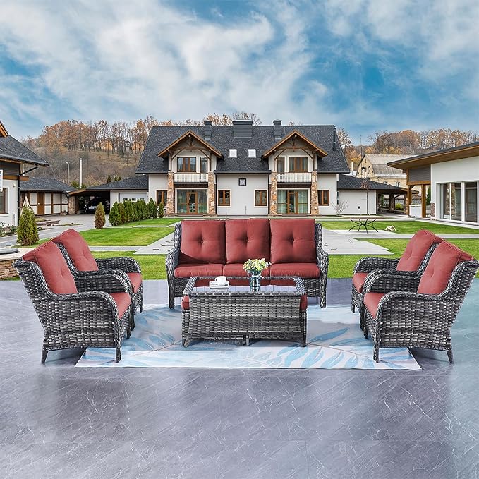 Rilyson Wicker Patio Furniture Chairs Set - 8 Piece Rattan Outdoor Patio Sectional Conversation Sets with Sofa,4 Armrest Chairs,1 Coffee Table and 2 Ottomans for Porch Deck Garden(Mixed Grey/Red)