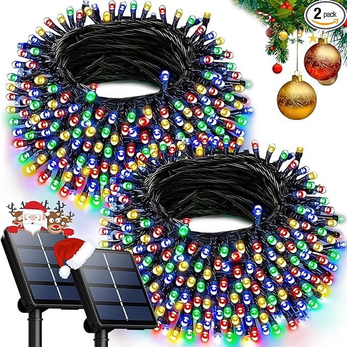 OZS 2PK 240LED Multicolor Solar Christmas Lights Outdoor Waterproof, Solar String Lights for Outside, Green Wire Solar Tree Lights with 8 Lighting Modes for Xmas Wedding Party Christmas Decor