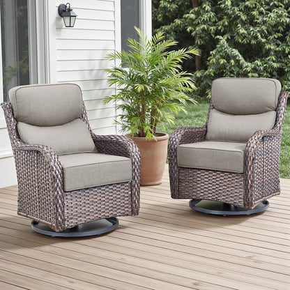 Outdoor Patio Swivel Rocker Chairs Set of 2, Waterproof Wicker, High Back, Deep Seating, Wide Armrest, Upgraded 6 inch Thick Cushions, Ideal for Deck Porch Backyard, Brown/Beige