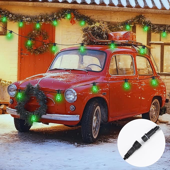 LED Christmas Lights, 50FT Patio Lights with 16Pcs Shatterproof S14 Bulb(1 Spare), 4 Lighting Mode, Connectable, Waterproof Green Edison Plastic Bulb Hanging Light for Yard Porch Christmas Décor