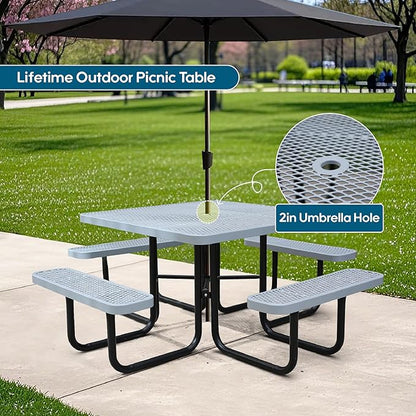 46" Square Picnic Table W/Benches,Heavy Duty Metal Picnic Table Set with 2in Umbrella Hole, 1600 lb Capacity,Commercial Dining Table Furniture for Yard Patio Lawn Party Coffee Shop