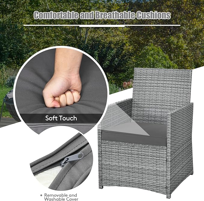 Tangkula 3 Pieces Patio Dining Set, Patiojoy Space-saving PE Rattan Bistro Set with Tempered Glass Top Table and Cushioned Chairs, Outdoor Conversation Set for Garden, Backyard, Poolside, Porch (Gray)