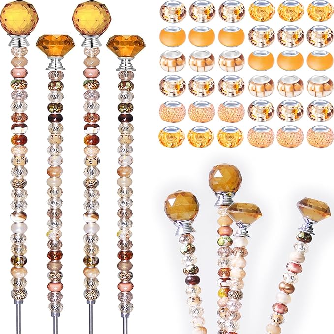 119 Pcs Garden Stake Diy Fairy Wand Plant Stake with Champagne Large Hole Beads Crystal Diamond Stopper Top 4 Stainless Steel Threaded Rod Beaded Garden Stakes For Outdoor Indoor Yard Patio Decoration