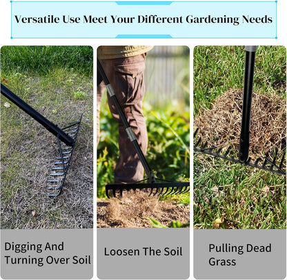 Heavy Duty Bow Rake with Stainless Steel Handle for Farming Land Management Leaf Gathering Durable Ergonomic Garden Tool with 16 Tine Head 63 Inch Assemble Long Shaft Suitable for Large Areas