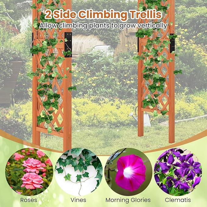 Giantex 7.7FT Wooden Garden Arbor Trellis, Outdoor Pergola Arch with Climbing Plant Support, Wood Wedding Arch for Ceremony, Pathway, Birthday Party, Garden Décor, Weather-Resistant, Easy Assembly