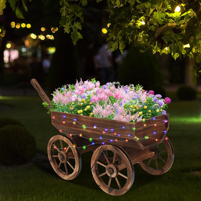 Wood Wagon Planter with Light for Outdoor Balcony Decor - Garden Rustic Wooden Flower Cart with Wheels for Outside Garden Decor Wheelbarrow Planter for Patio Christmas Decoration Gift Car