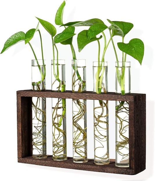 5 Tube Wooden Plant Propagation Station, Tabletop Glass Terrarium Holder for Cuttings Hydroponics, Home Office Desk Decor Gift for Women Mom Plant Lovers, Brown