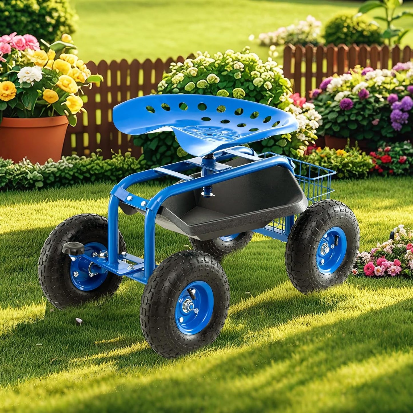 S AFSTAR Rolling Garden Cart, Wagon Scooter with 360° Swivel Seat, Storage Tray, Basket & Rubber Wheels, Heavy-Duty Gardening Tool Cart for Weeding, Patio & Yard (Blue)
