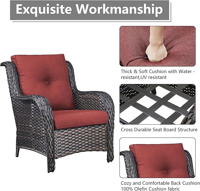 Rilyson Patio Bistro Set Outdoor Chairs - 3 Piece Wicker Rattan Patio Furniture Set with 2 Armrest Chair and 1 Side Table for Proch Deck Garden Backyard Balcony(Brown/Red)