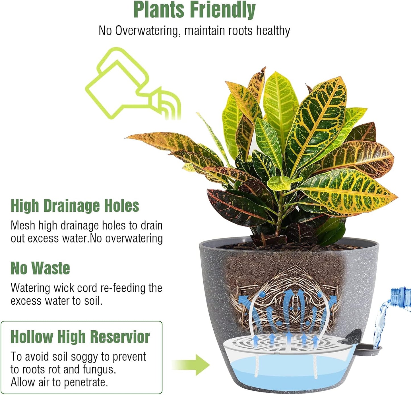 10/9/8 inch Self Watering Pots, Set of 3 Plastic Planters with Mesh Drainage Holes and Deep Reservoir for Indoor Outdoor Garden Plants and Flowers, Grey Speckles