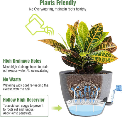 10/9/8 inch Self Watering Pots, Set of 3 Plastic Planters with Mesh Drainage Holes and Deep Reservoir for Indoor Outdoor Garden Plants and Flowers, Grey Speckles