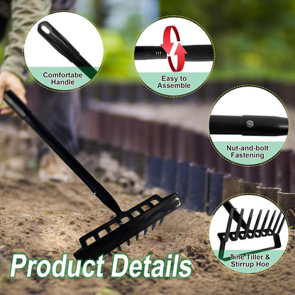 8-Tines Rake and Stirrup Hoe, Metal Garden Hula Hoes Tiller Rake Tool with Adjustable Long Handle, Action Scuffle Loop Hoe for Weeding, Digging, Loosening Soil
