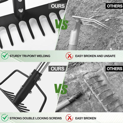 15 Inch Wide Bow Rake, 16 Steel Tines Metal Head Rake Tool with Stainless Steel Handle, Adjustable Long Handle Garden Rake for Loosening Soil Leveling Mulch Gathering Lawns Leaves