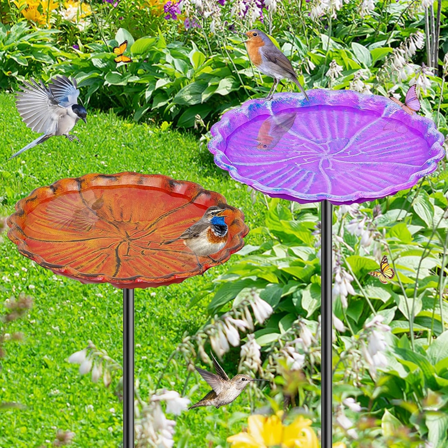 2PCS Hummingbird Bird Bath for Outside, Freestanding Metal Flower BirdBaths Bowl with Stake, Detachable Birdfeeder for Outdoor Yard Lawn Garden Decor (2PCS-Purple-Orange)
