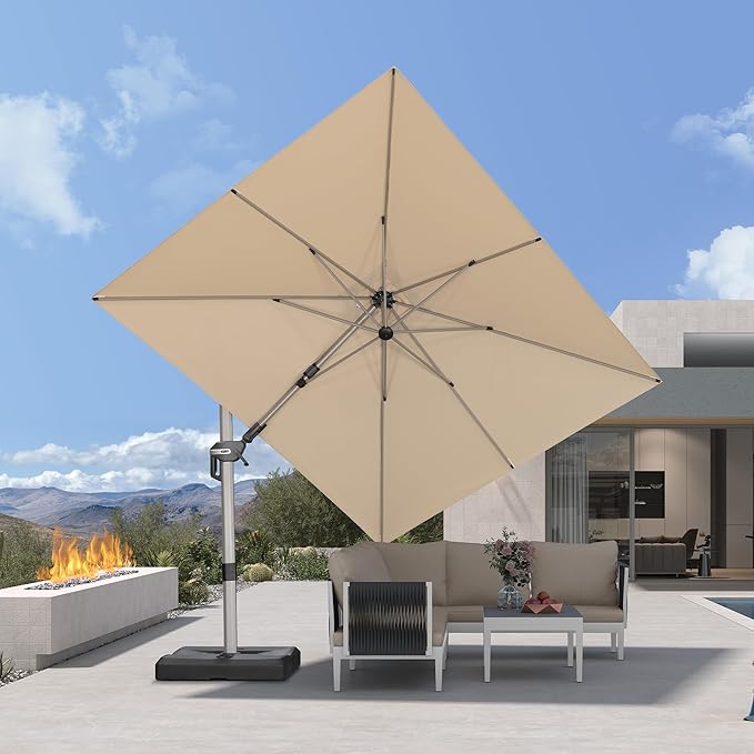 PURPLE LEAF 8' X 10' Left-right Tilting Patio Umbrella Outdoor Swivel Cantilever Umbrella Aluminum Offset Umbrella with Champagne Frame and 360-degree Rotation for Garden Deck Pool, Beige