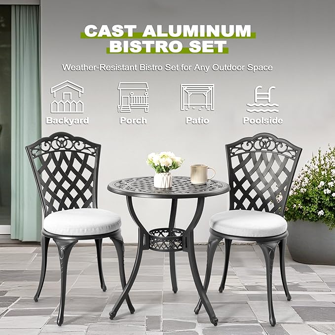NUU GARDEN 3-Piece Patio Bistro Set, Outdoor Cast Aluminum Bistro Table and 2 Chairs with Gray Cushions and Umbrella Hole, Weather-Resistant Outdoor Furniture Set for Balcony, Lawn, Garden, Black