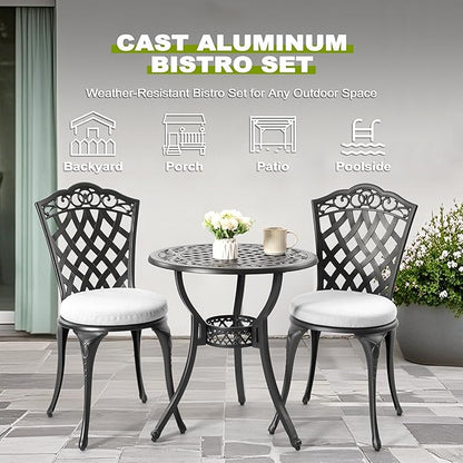 NUU GARDEN 3-Piece Patio Bistro Set, Outdoor Cast Aluminum Bistro Table and 2 Chairs with Gray Cushions and Umbrella Hole, Weather-Resistant Outdoor Furniture Set for Balcony, Lawn, Garden, Black