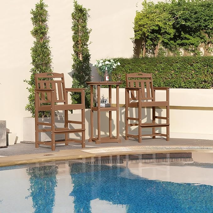HDPE Outdoor Patio Bar Set with Bar Height Table and 2 Adirondack Chairs, All-Weather High Top Outside Round Pub Furniture for Bistro, Garden, Backyard, Deck | 3-Pieces, Teak