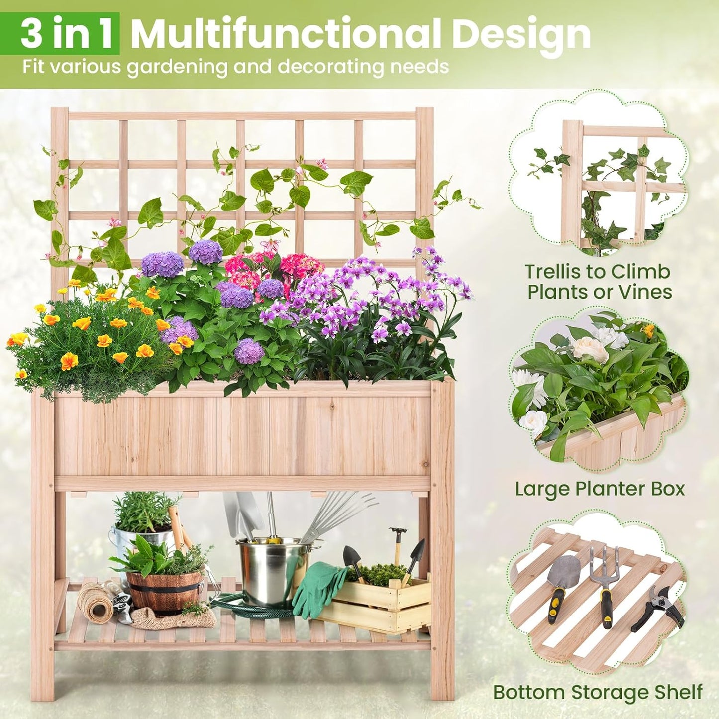 S AFSTAR Raised Garden Bed with Trellis, 42x21x58in Elevated Planter Box with Legs, Bottom Storage Shelf, Planter Liner, Wood Standing Planter Stand for Climbing Plants Flowers Vegetables Herbs