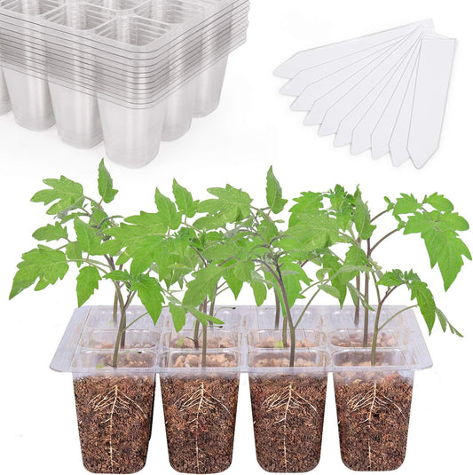 Bonviee 12 Packs Seed Starter Tray with Drainage Holes, Reusable & Durable, Clear for Root Monitoring, Easy to Repotted Without Root Damage, 12 Cells per Tray