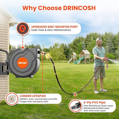 3rd Generation Retractable Garden Hose 155 ft x 1/2 inch Heavy Duty Wall-Mounted Hose Reels 180° Swivel Automatic Slow Return Any Length Lock 9 Pattern Nozzle UV Resistant (Black)