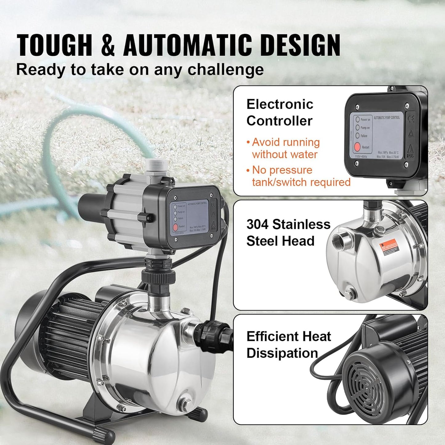 VEVOR 1HP Shallow Well Pump Portable, 1380 GPH Garden Jet Pump with Automatic Controller, 145 ft Head Stainless Steel Sprinkler Booster Pumps, for Garden Lawn Irrigation System, Water Transfer