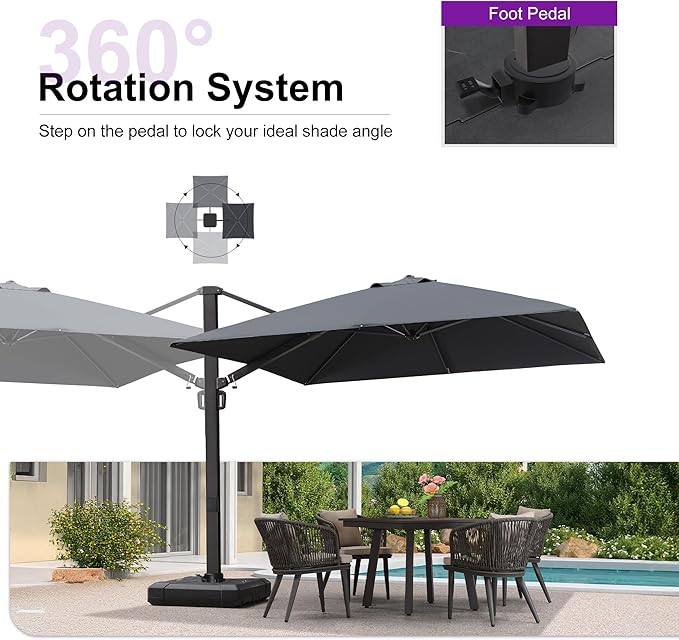 PURPLE LEAF 10 FT Square Patio Umbrella with Base Large Cantilever Outdoor Aluminum Umbrella Offset Umbrella with 360-degree Rotation for Garden Deck Backyard Pool Grey