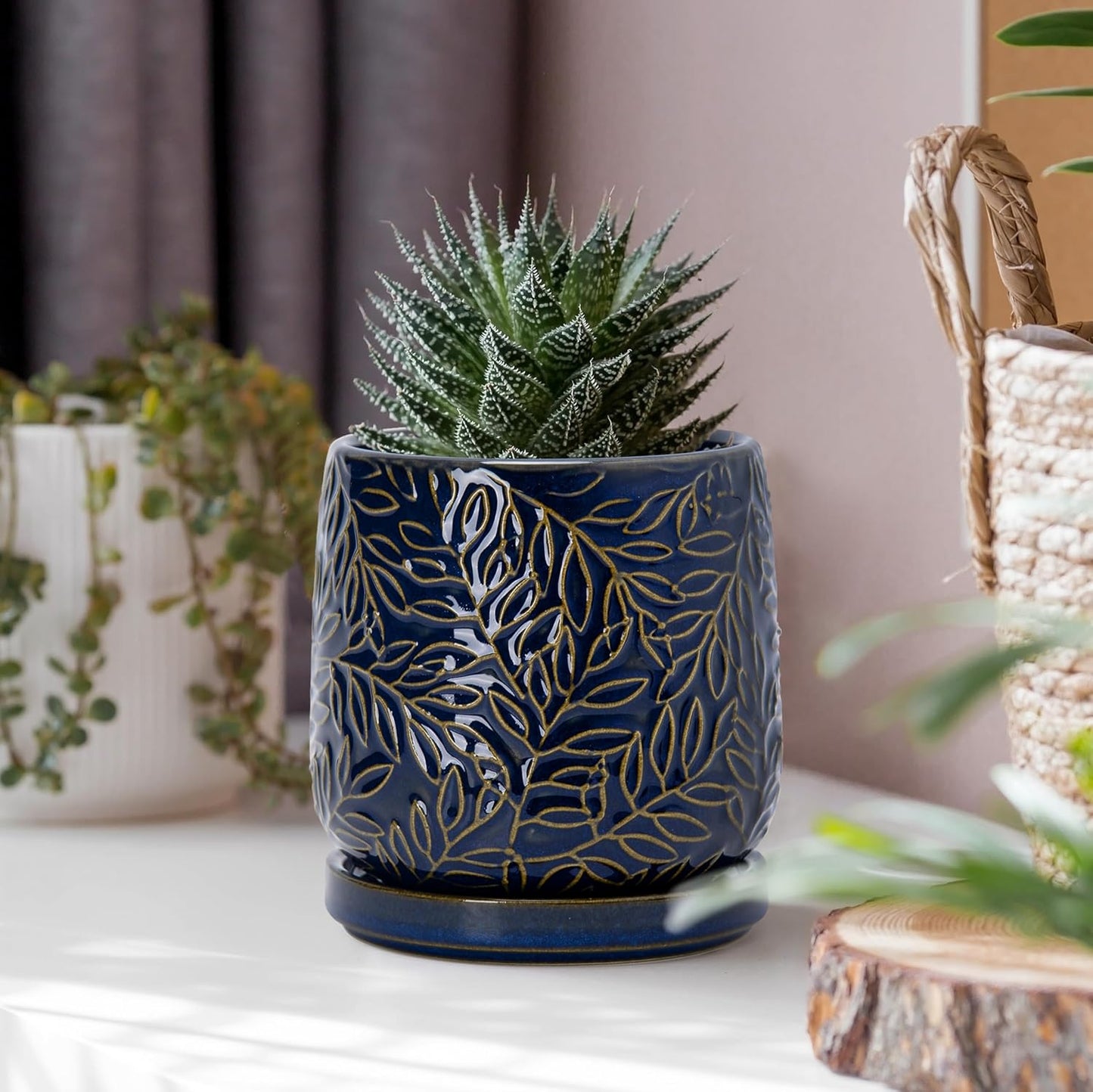 D'vine Dev 4 Inch Embossed Leaves Stoneware Planter Pot with Drainage Hole and Saucer, Midnight Blue, 27-A-Z-3