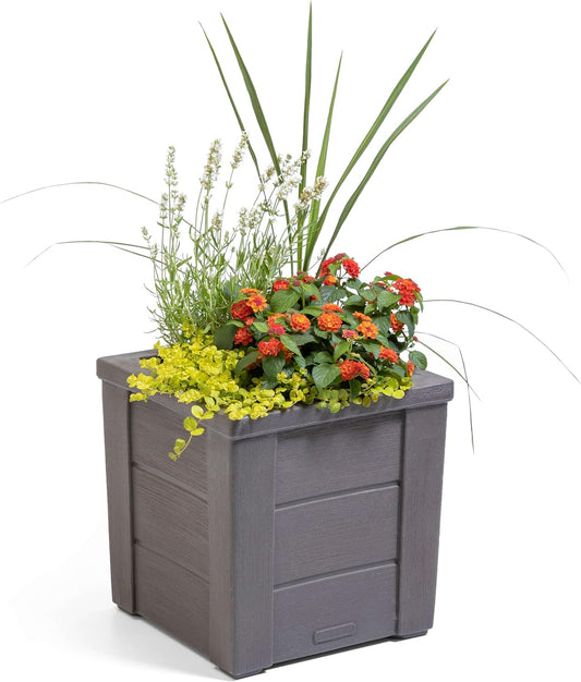Step2 Lakewood Square Planter, Large Planters for Outdoor Plants, Gardening and Flower Pot for Patio or Porch, Efficient Drainage, Durable Plastic, Dark Cedar, 1-Pack